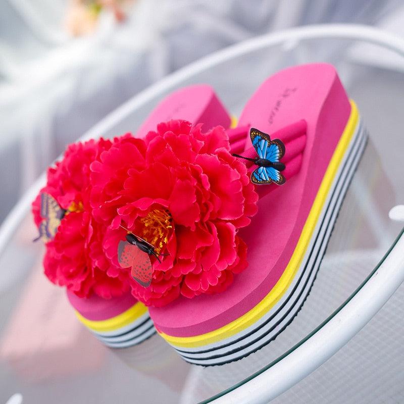 Flowers Slippers Summer Flip Flops Womans Platform Shoes Slide Heel Thick Beach Shower Slippers Quick Drying Pool Slides Beach Sandals Open Toe Indoor House Slippers