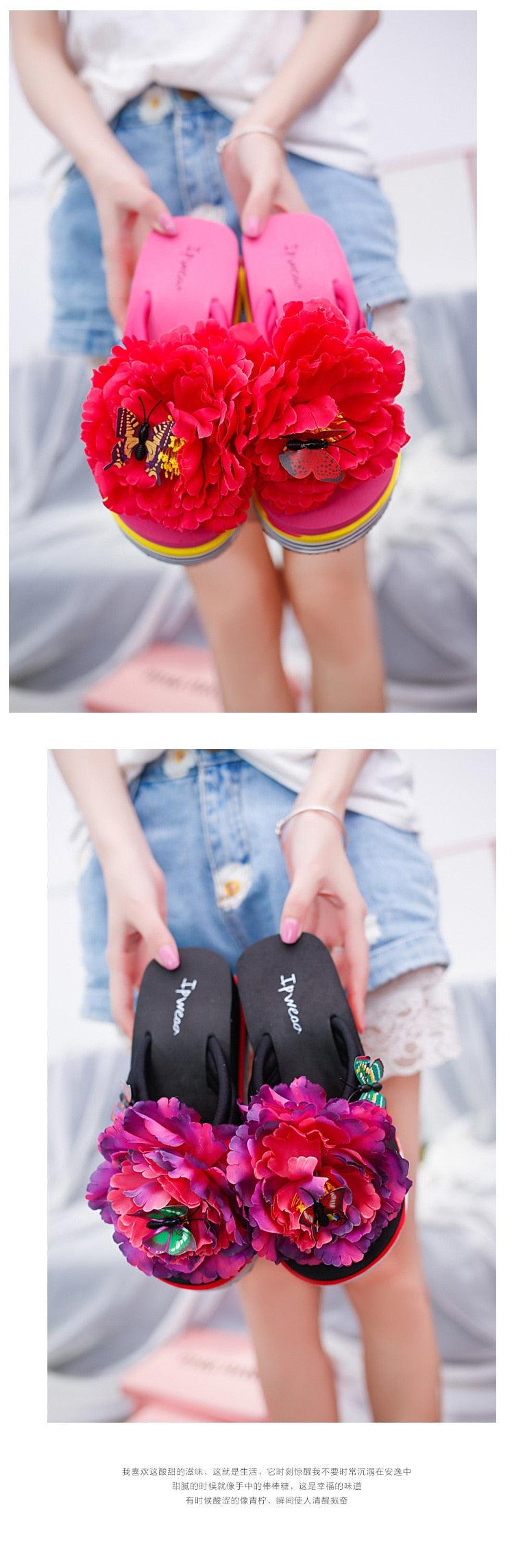 Flowers Slippers Summer Flip Flops Womans Platform Shoes Slide Heel Thick Beach Shower Slippers Quick Drying Pool Slides Beach Sandals Open Toe Indoor House Slippers