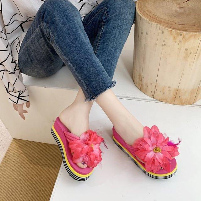 Flowers Slippers Summer Flip Flops Womans Platform Shoes Slide Heel Thick Beach Shower Slippers Quick Drying Pool Slides Beach Sandals Open Toe Indoor House Slippers