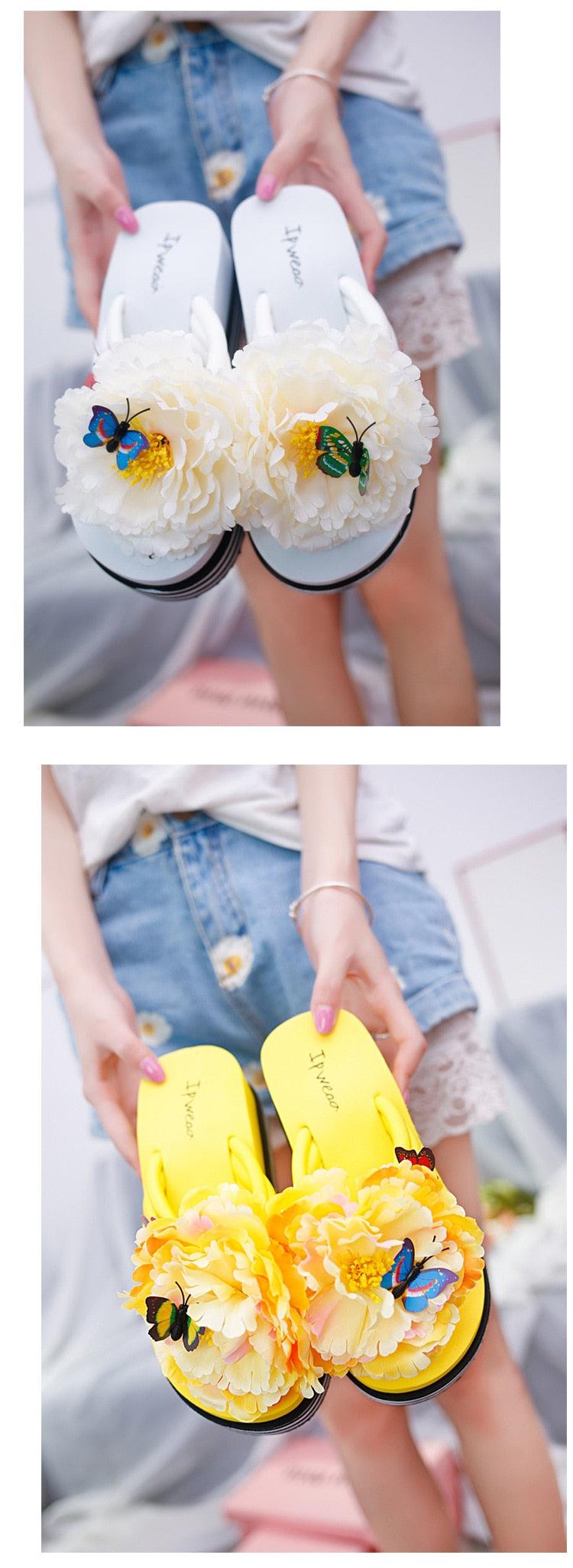 Flowers Slippers Summer Flip Flops Womans Platform Shoes Slide Heel Thick Beach Shower Slippers Quick Drying Pool Slides Beach Sandals Open Toe Indoor House Slippers