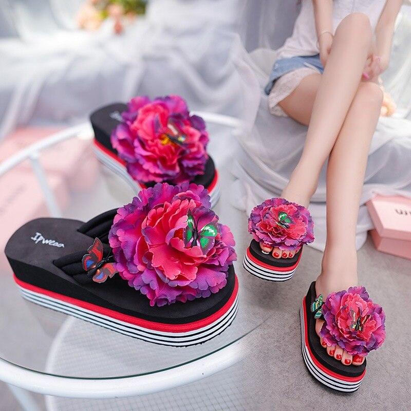 Flowers Slippers Summer Flip Flops Womans Platform Shoes Slide Heel Thick Beach Shower Slippers Quick Drying Pool Slides Beach Sandals Open Toe Indoor House Slippers