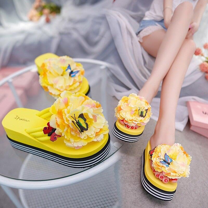 Flowers Slippers Summer Flip Flops Womans Platform Shoes Slide Heel Thick Beach Shower Slippers Quick Drying Pool Slides Beach Sandals Open Toe Indoor House Slippers