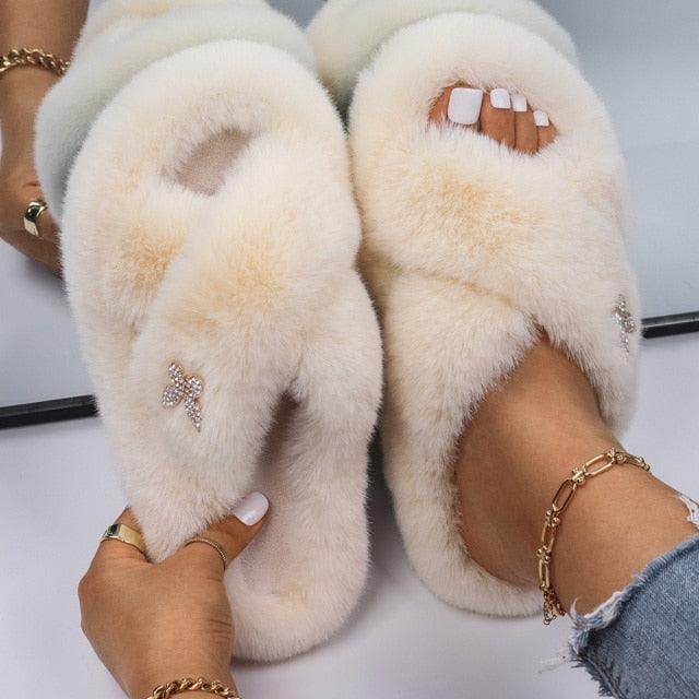 Fluffy Slippers Rhinestone Butterfly Faux Fur Slides Women Sandals Platform Flip Flops Crystal Indoor Slippers Faux Fur Slippers Comfy Open Toe Two Slides Lining And Rubber Sole