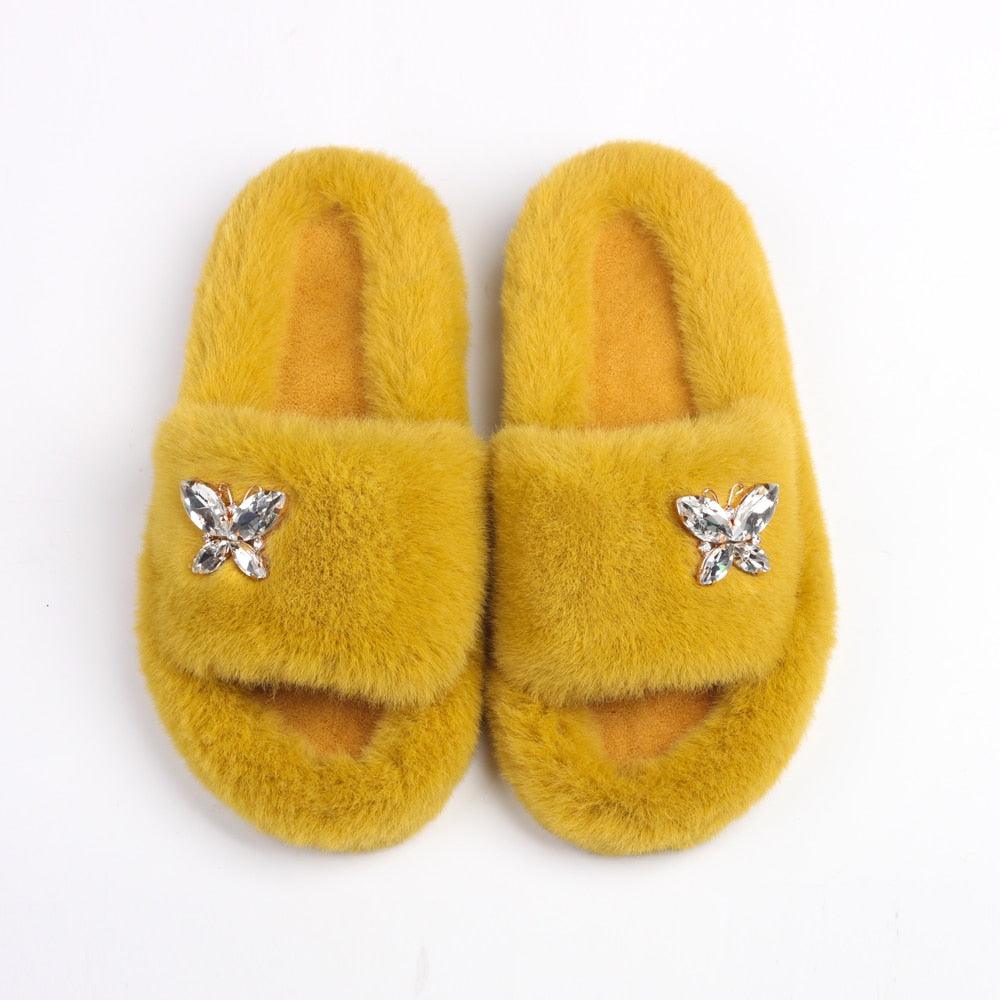 Fluffy Slippers Rhinestone Butterfly Faux Fur Slides Women Sandals Platform Flip Flops Crystal Indoor Slippers Faux Fur Slippers Comfy Open Toe Two Slides Lining And Rubber Sole