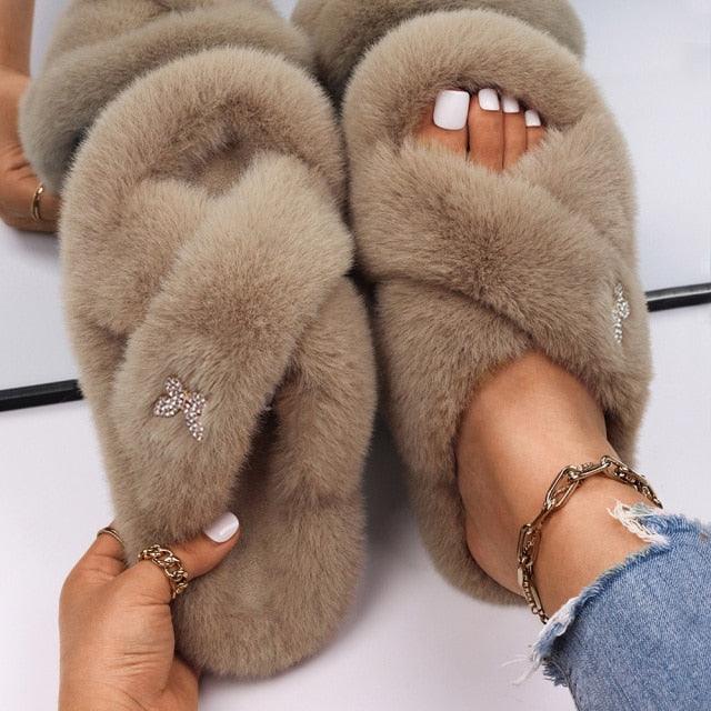 Fluffy Slippers Rhinestone Butterfly Faux Fur Slides Women Sandals Platform Flip Flops Crystal Indoor Slippers Faux Fur Slippers Comfy Open Toe Two Slides Lining And Rubber Sole