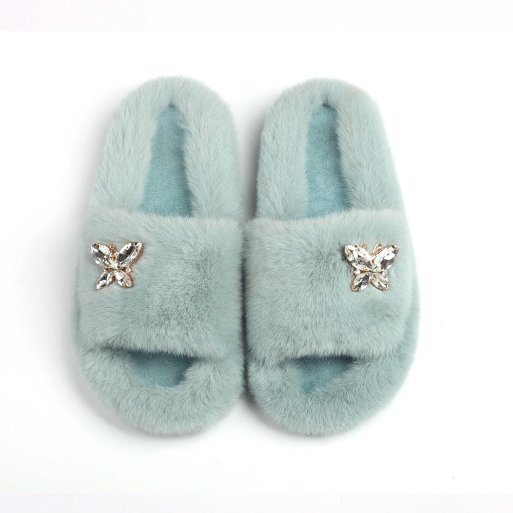 Fluffy Slippers Rhinestone Butterfly Faux Fur Slides Women Sandals Platform Flip Flops Crystal Indoor Slippers Faux Fur Slippers Comfy Open Toe Two Slides Lining And Rubber Sole