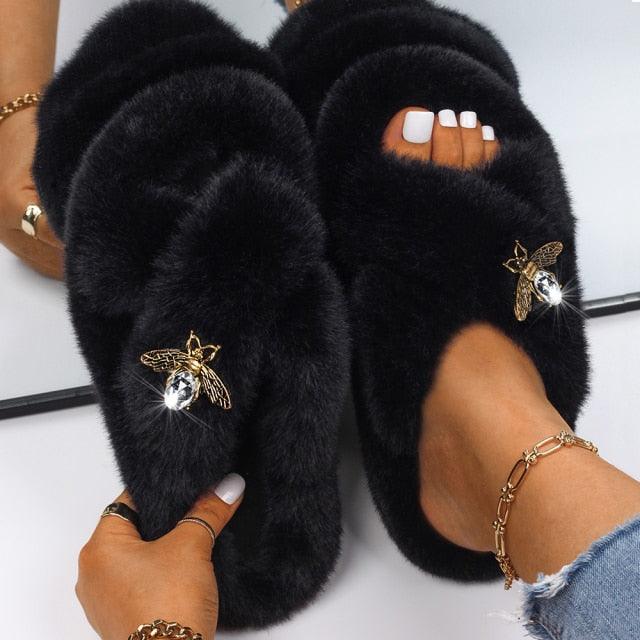 Fluffy Slippers Rhinestone Butterfly Faux Fur Slides Women Sandals Platform Flip Flops Crystal Indoor Slippers Faux Fur Slippers Comfy Open Toe Two Slides Lining And Rubber Sole