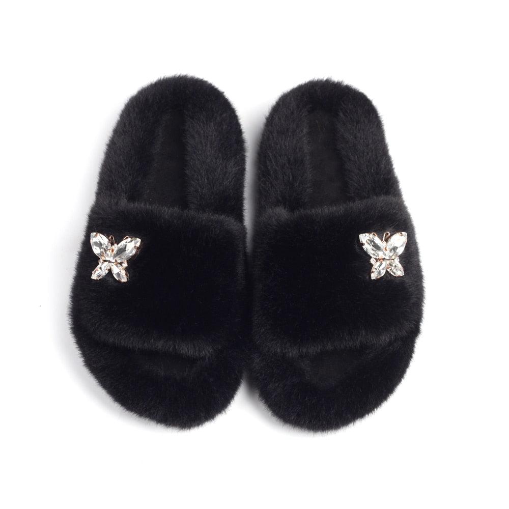 Fluffy Slippers Rhinestone Butterfly Faux Fur Slides Women Sandals Platform Flip Flops Crystal Indoor Slippers Faux Fur Slippers Comfy Open Toe Two Slides Lining And Rubber Sole