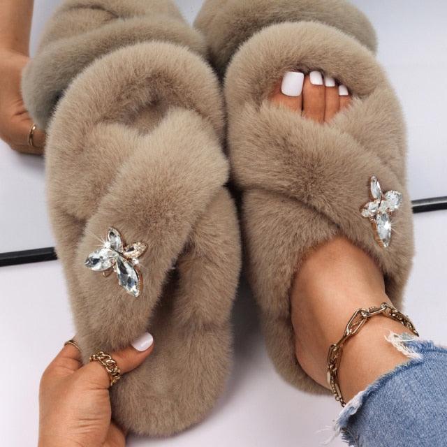 Fluffy Slippers Rhinestone Butterfly Faux Fur Slides Women Sandals Platform Flip Flops Crystal Indoor Slippers Faux Fur Slippers Comfy Open Toe Two Slides Lining And Rubber Sole