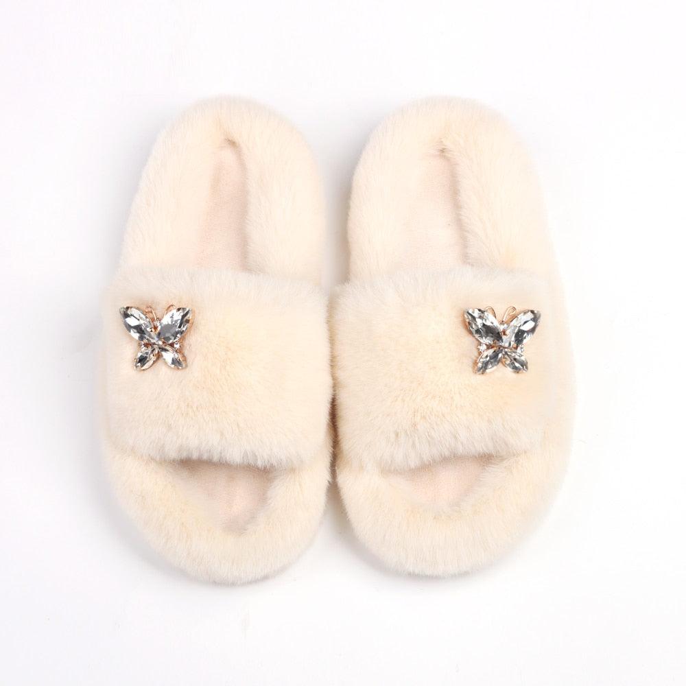 Fluffy Slippers Rhinestone Butterfly Faux Fur Slides Women Sandals Platform Flip Flops Crystal Indoor Slippers Faux Fur Slippers Comfy Open Toe Two Slides Lining And Rubber Sole