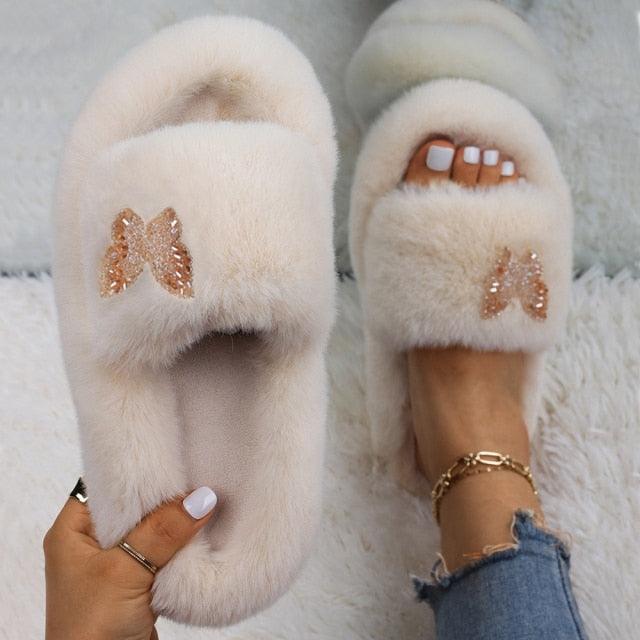 Fluffy Slippers Rhinestone Butterfly Faux Fur Slides Women Sandals Platform Flip Flops Crystal Indoor Slippers Faux Fur Slippers Comfy Open Toe Two Slides Lining And Rubber Sole