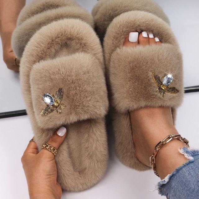 Fluffy Slippers Rhinestone Butterfly Faux Fur Slides Women Sandals Platform Flip Flops Crystal Indoor Slippers Faux Fur Slippers Comfy Open Toe Two Slides Lining And Rubber Sole