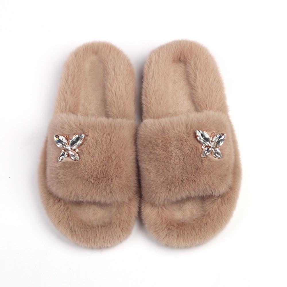 Fluffy Slippers Rhinestone Butterfly Faux Fur Slides Women Sandals Platform Flip Flops Crystal Indoor Slippers Faux Fur Slippers Comfy Open Toe Two Slides Lining And Rubber Sole