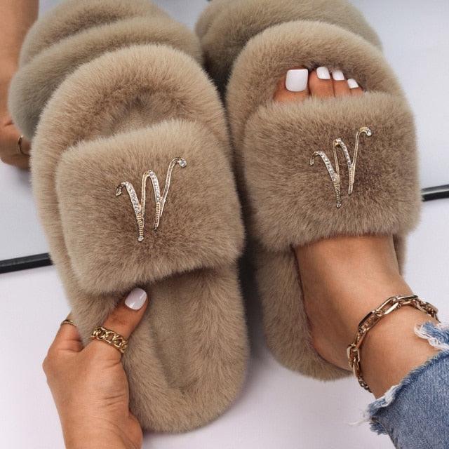 Fluffy Slippers Rhinestone Butterfly Faux Fur Slides Women Sandals Platform Flip Flops Crystal Indoor Slippers Faux Fur Slippers Comfy Open Toe Two Slides Lining And Rubber Sole