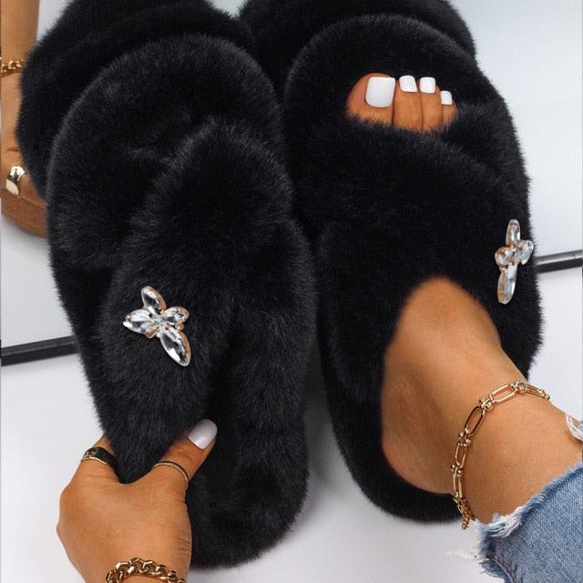 Fluffy Slippers Rhinestone Butterfly Faux Fur Slides Women Sandals Platform Flip Flops Crystal Indoor Slippers Faux Fur Slippers Comfy Open Toe Two Slides Lining And Rubber Sole