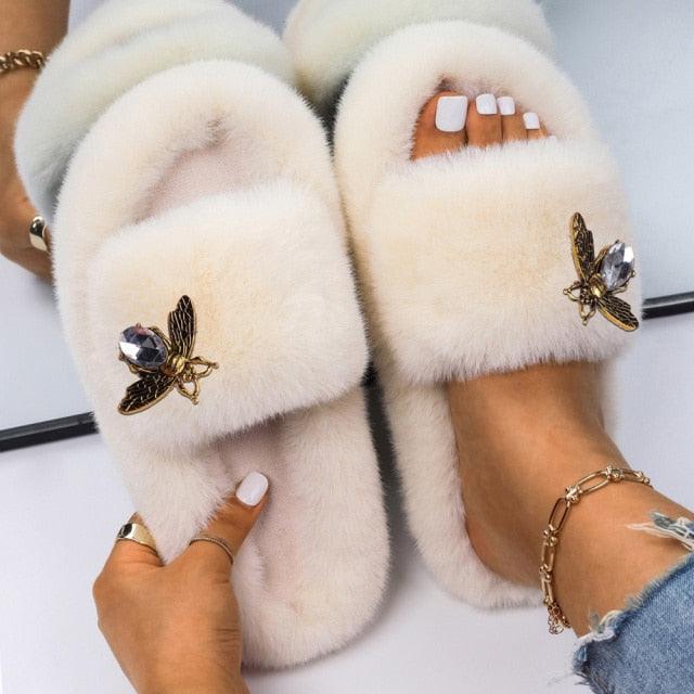 Fluffy Slippers Rhinestone Butterfly Faux Fur Slides Women Sandals Platform Flip Flops Crystal Indoor Slippers Faux Fur Slippers Comfy Open Toe Two Slides Lining And Rubber Sole