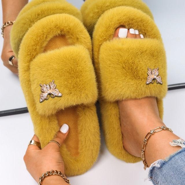 Fluffy Slippers Rhinestone Butterfly Faux Fur Slides Women Sandals Platform Flip Flops Crystal Indoor Slippers Faux Fur Slippers Comfy Open Toe Two Slides Lining And Rubber Sole