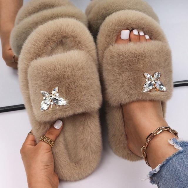 Fluffy Slippers Rhinestone Butterfly Faux Fur Slides Women Sandals Platform Flip Flops Crystal Indoor Slippers Faux Fur Slippers Comfy Open Toe Two Slides Lining And Rubber Sole