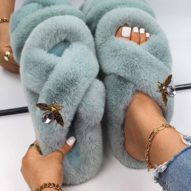 Fluffy Slippers Rhinestone Butterfly Faux Fur Slides Women Sandals Platform Flip Flops Crystal Indoor Slippers Faux Fur Slippers Comfy Open Toe Two Slides Lining And Rubber Sole