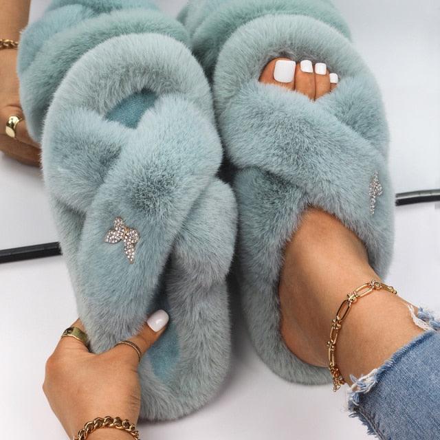 Fluffy Slippers Rhinestone Butterfly Faux Fur Slides Women Sandals Platform Flip Flops Crystal Indoor Slippers Faux Fur Slippers Comfy Open Toe Two Slides Lining And Rubber Sole