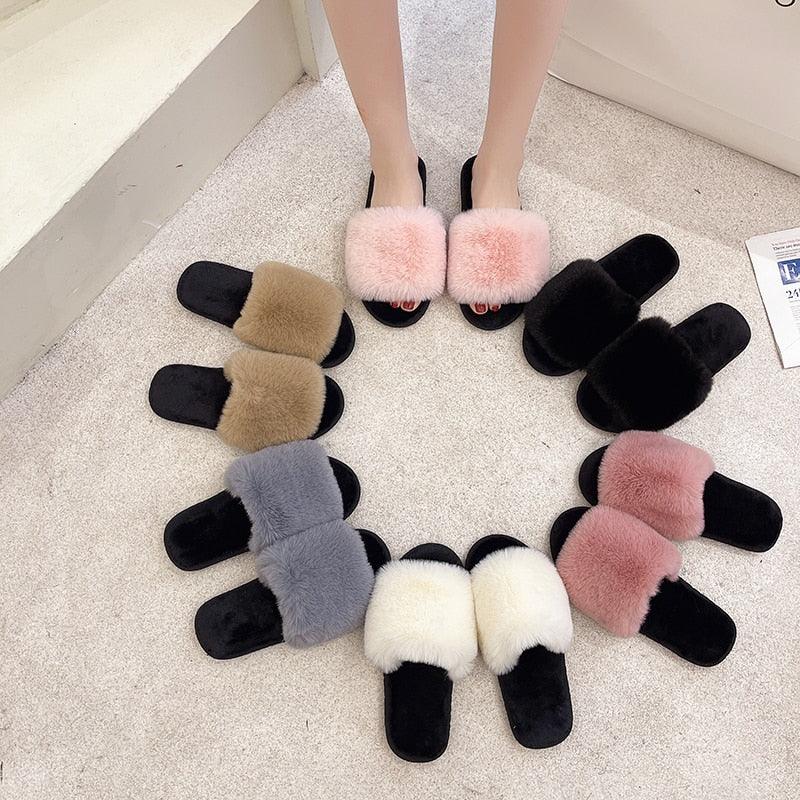 Fluffy Slippers Women Cozy Faux Fur Cross Indoor Floor Slides Flat Soft Furry Shoes Fluffy Furry Fur Slippers Flip Flop Open Toe Cozy House Memory Foam Sandals Slides Soft Flat Comfy Slippers