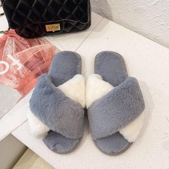 Fluffy Slippers Women Cozy Faux Fur Cross Indoor Floor Slides Flat Soft Furry Shoes Fluffy Furry Fur Slippers Flip Flop Open Toe Cozy House Memory Foam Sandals Slides Soft Flat Comfy Slippers