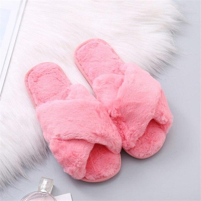 Fluffy Slippers Women Cozy Faux Fur Cross Indoor Floor Slides Flat Soft Furry Shoes Fluffy Furry Fur Slippers Flip Flop Open Toe Cozy House Memory Foam Sandals Slides Soft Flat Comfy Slippers