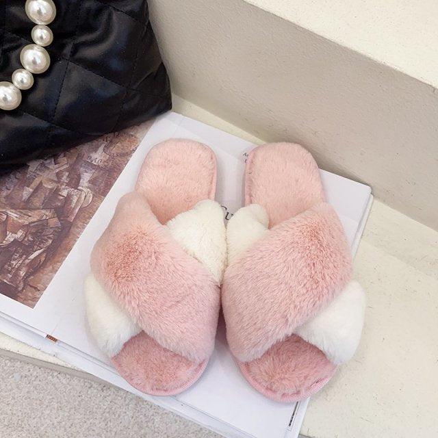 Fluffy Slippers Women Cozy Faux Fur Cross Indoor Floor Slides Flat Soft Furry Shoes Fluffy Furry Fur Slippers Flip Flop Open Toe Cozy House Memory Foam Sandals Slides Soft Flat Comfy Slippers