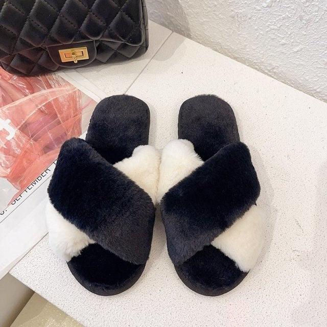 Fluffy Slippers Women Cozy Faux Fur Cross Indoor Floor Slides Flat Soft Furry Shoes Fluffy Furry Fur Slippers Flip Flop Open Toe Cozy House Memory Foam Sandals Slides Soft Flat Comfy Slippers