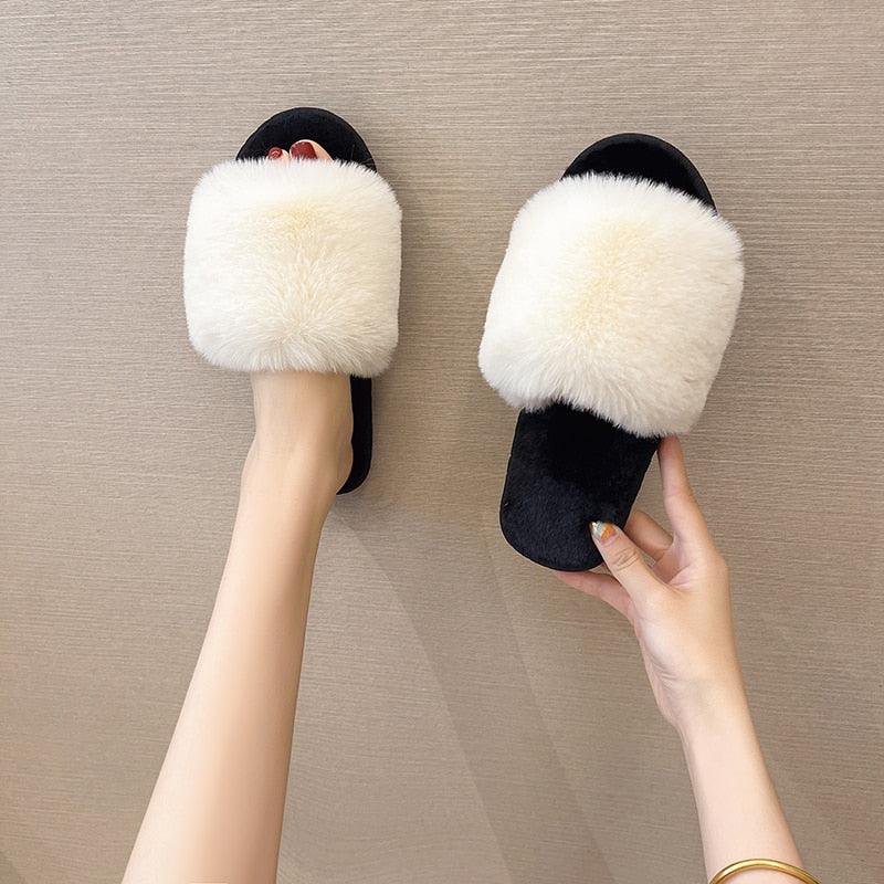 Fluffy Slippers Women Cozy Faux Fur Cross Indoor Floor Slides Flat Soft Furry Shoes Fluffy Furry Fur Slippers Flip Flop Open Toe Cozy House Memory Foam Sandals Slides Soft Flat Comfy Slippers