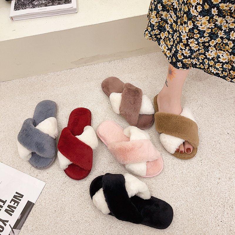 Fluffy Slippers Women Cozy Faux Fur Cross Indoor Floor Slides Flat Soft Furry Shoes Fluffy Furry Fur Slippers Flip Flop Open Toe Cozy House Memory Foam Sandals Slides Soft Flat Comfy Slippers