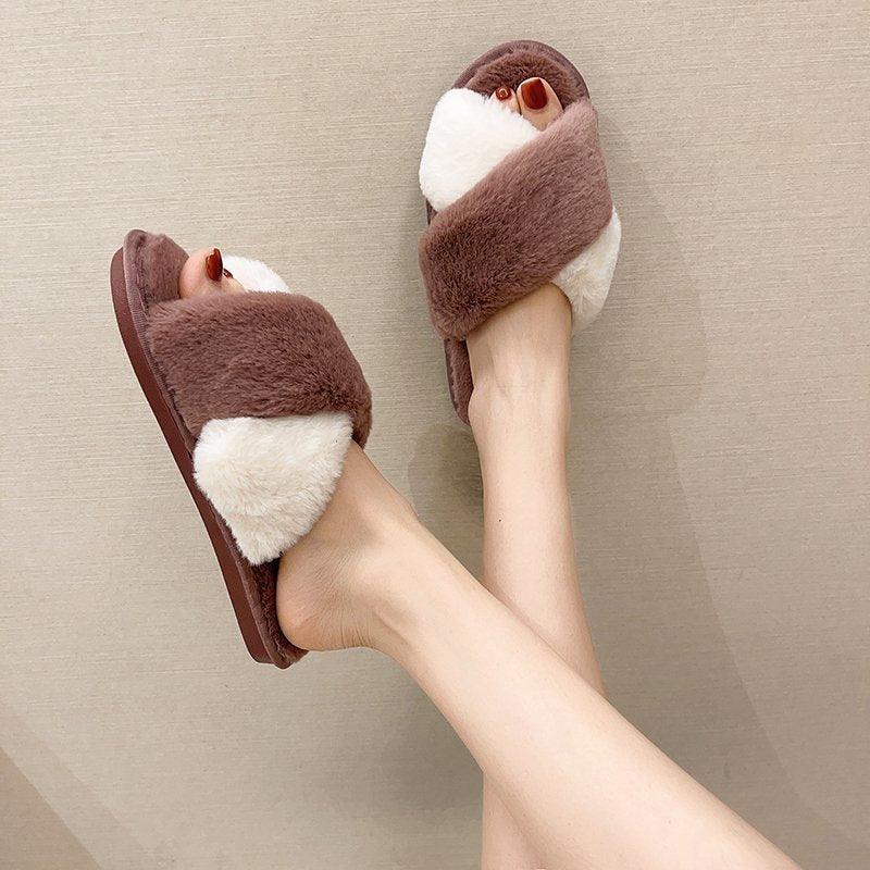 Fluffy Slippers Women Cozy Faux Fur Cross Indoor Floor Slides Flat Soft Furry Shoes Fluffy Furry Fur Slippers Flip Flop Open Toe Cozy House Memory Foam Sandals Slides Soft Flat Comfy Slippers