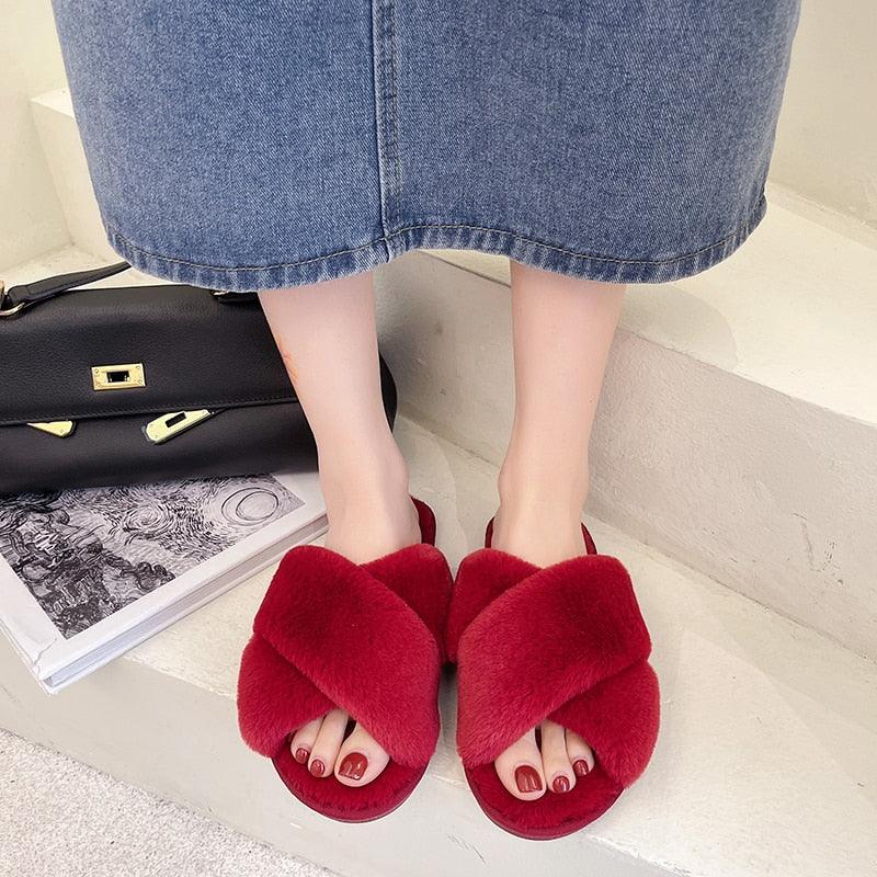 Fluffy Slippers Women Cozy Faux Fur Cross Indoor Floor Slides Flat Soft Furry Shoes Fluffy Furry Fur Slippers Flip Flop Open Toe Cozy House Memory Foam Sandals Slides Soft Flat Comfy Slippers