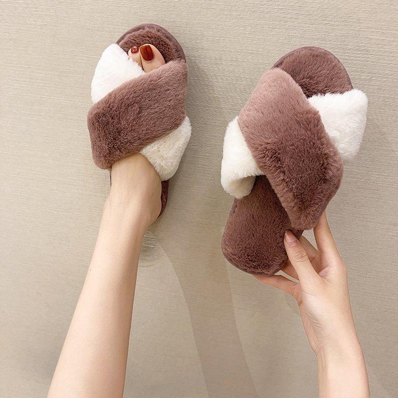 Fluffy Slippers Women Cozy Faux Fur Cross Indoor Floor Slides Flat Soft Furry Shoes Fluffy Furry Fur Slippers Flip Flop Open Toe Cozy House Memory Foam Sandals Slides Soft Flat Comfy Slippers