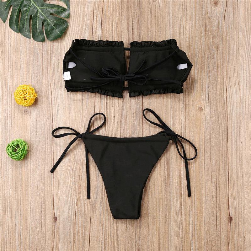 Folds Bikini Women Swimwear Bathing Suit Women's Ruffle Tie Side Bikini Set High Cut Strapless Padded Solid Bathing Suit Bikini Micro Swimsuit Female Push up Two-Piece Suit Summer