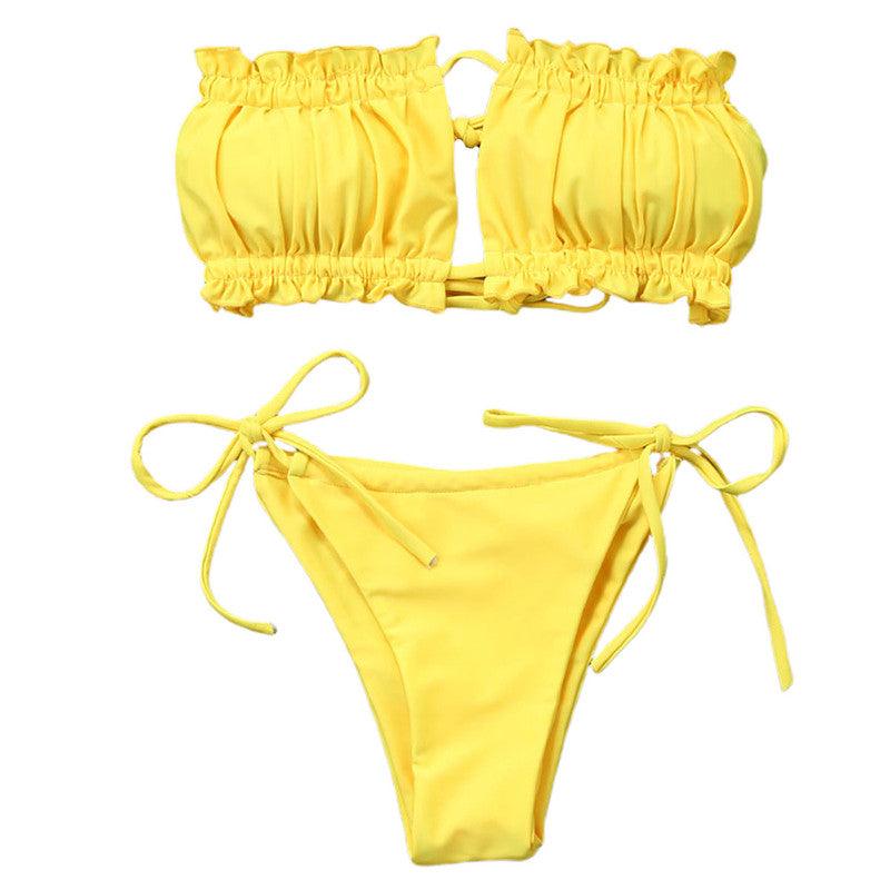 Folds Bikini Women Swimwear Bathing Suit Women's Ruffle Tie Side Bikini Set High Cut Strapless Padded Solid Bathing Suit Bikini Micro Swimsuit Female Push up Two-Piece Suit Summer