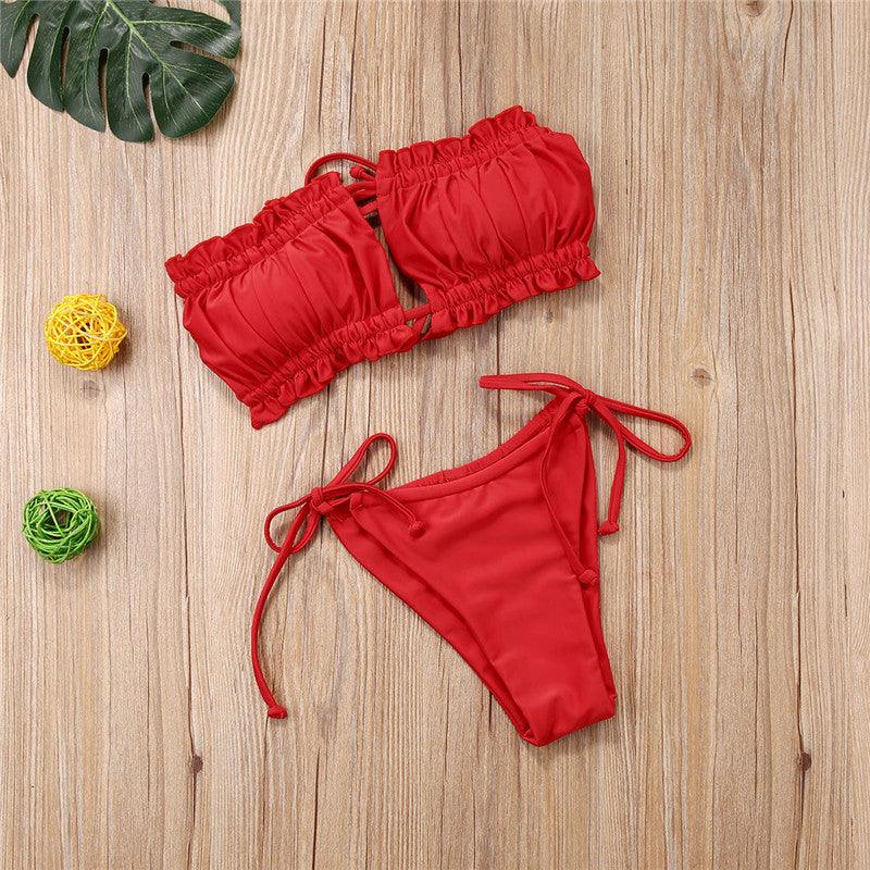 Folds Bikini Women Swimwear Bathing Suit Women's Ruffle Tie Side Bikini Set High Cut Strapless Padded Solid Bathing Suit Bikini Micro Swimsuit Female Push up Two-Piece Suit Summer