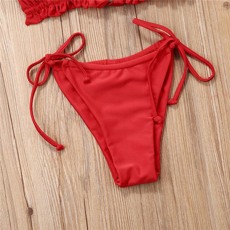 Folds Bikini Women Swimwear Bathing Suit Women's Ruffle Tie Side Bikini Set High Cut Strapless Padded Solid Bathing Suit Bikini Micro Swimsuit Female Push up Two-Piece Suit Summer