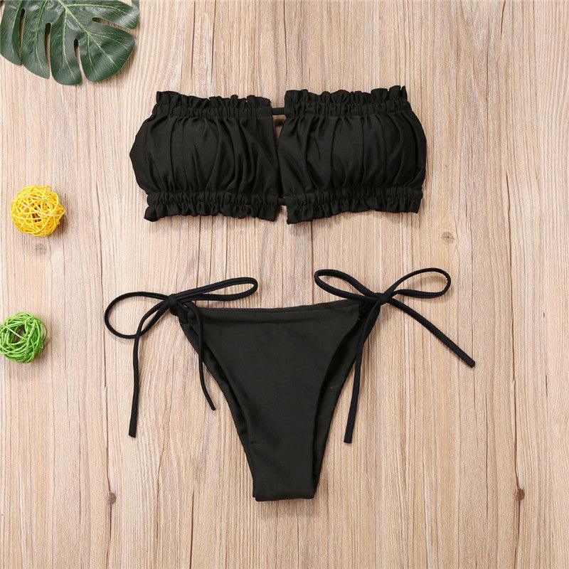 Folds Bikini Women Swimwear Bathing Suit Women's Ruffle Tie Side Bikini Set High Cut Strapless Padded Solid Bathing Suit Bikini Micro Swimsuit Female Push up Two-Piece Suit Summer