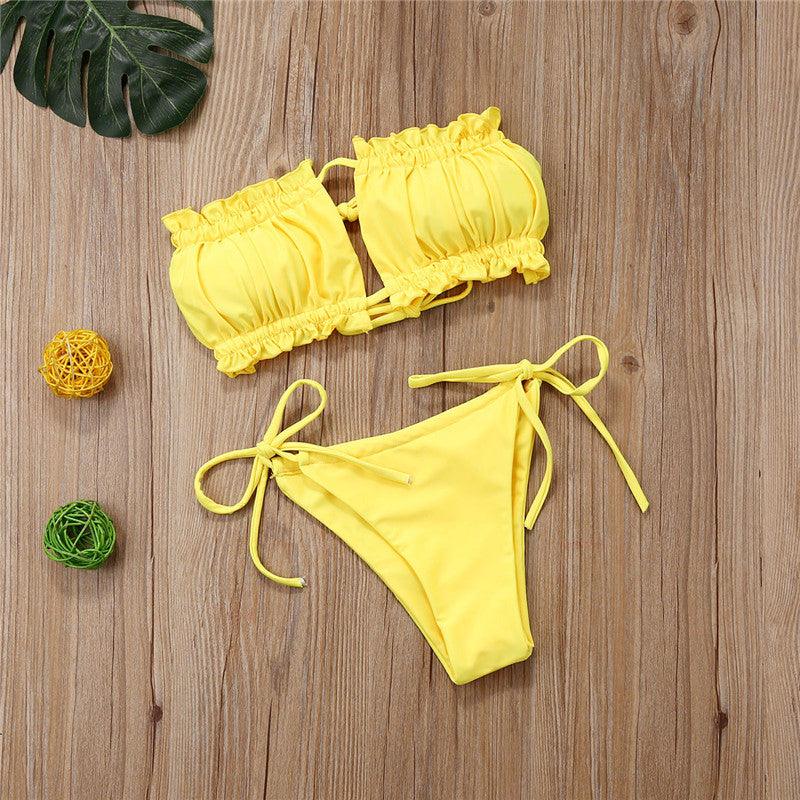 Folds Bikini Women Swimwear Bathing Suit Women's Ruffle Tie Side Bikini Set High Cut Strapless Padded Solid Bathing Suit Bikini Micro Swimsuit Female Push up Two-Piece Suit Summer