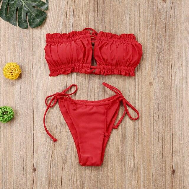 Folds Bikini Women Swimwear Bathing Suit Women's Ruffle Tie Side Bikini Set High Cut Strapless Padded Solid Bathing Suit Bikini Micro Swimsuit Female Push up Two-Piece Suit Summer