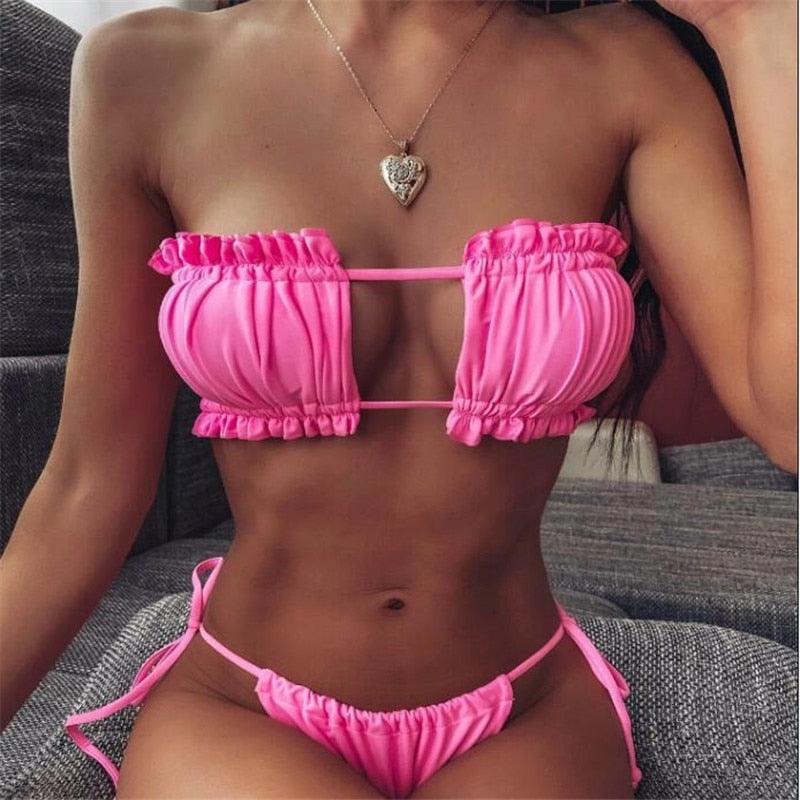 Folds Bikini Women Swimwear Bathing Suit Women's Ruffle Tie Side Bikini Set High Cut Strapless Padded Solid Bathing Suit Bikini Micro Swimsuit Female Push up Two-Piece Suit Summer