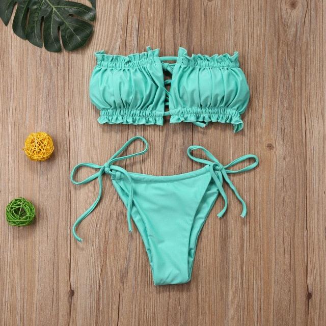 Folds Bikini Women Swimwear Bathing Suit Women's Ruffle Tie Side Bikini Set High Cut Strapless Padded Solid Bathing Suit Bikini Micro Swimsuit Female Push up Two-Piece Suit Summer