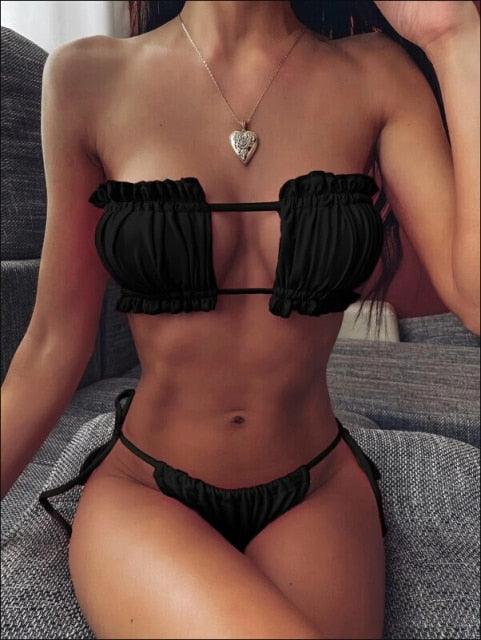 Folds Bikini Women Swimwear Bathing Suit Women's Ruffle Tie Side Bikini Set High Cut Strapless Padded Solid Bathing Suit Bikini Micro Swimsuit Female Push up Two-Piece Suit Summer