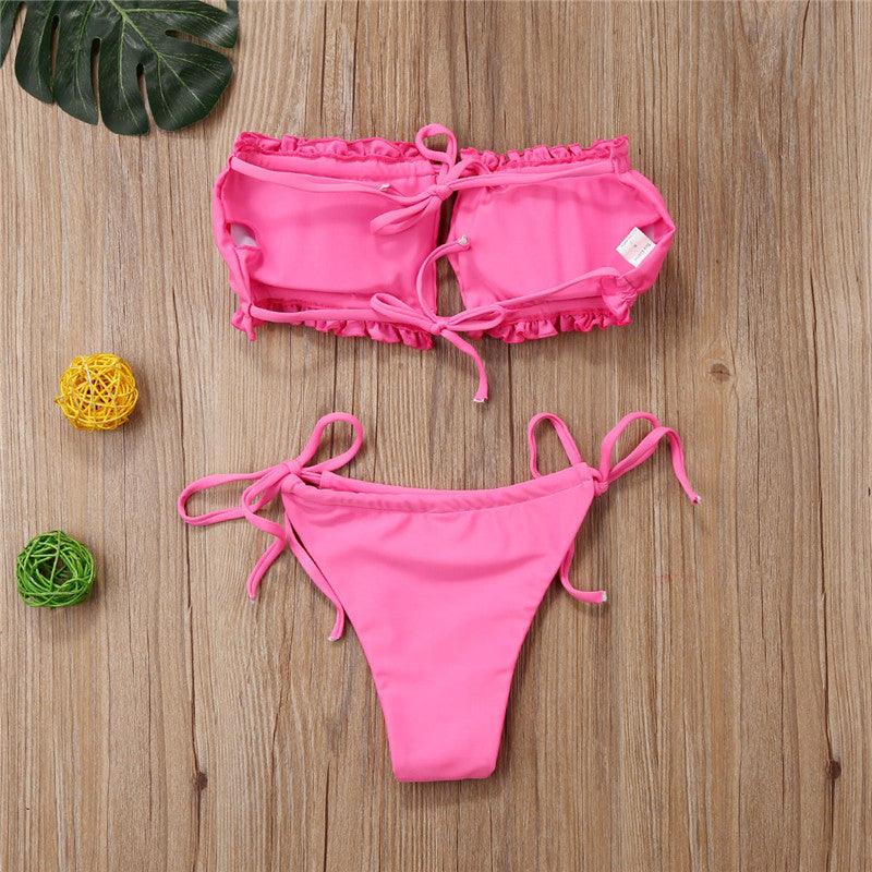 Folds Bikini Women Swimwear Bathing Suit Women's Ruffle Tie Side Bikini Set High Cut Strapless Padded Solid Bathing Suit Bikini Micro Swimsuit Female Push up Two-Piece Suit Summer