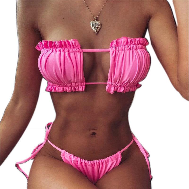 Folds Bikini Women Swimwear Bathing Suit Women's Ruffle Tie Side Bikini Set High Cut Strapless Padded Solid Bathing Suit Bikini Micro Swimsuit Female Push up Two-Piece Suit Summer