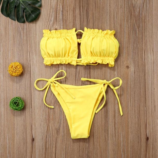 Folds Bikini Women Swimwear Bathing Suit Women's Ruffle Tie Side Bikini Set High Cut Strapless Padded Solid Bathing Suit Bikini Micro Swimsuit Female Push up Two-Piece Suit Summer