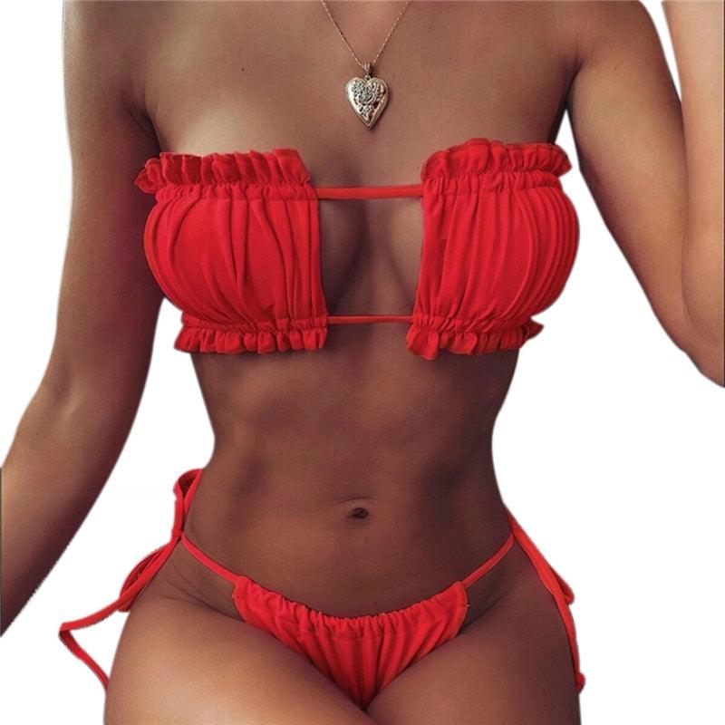 Folds Bikini Women Swimwear Bathing Suit Women's Ruffle Tie Side Bikini Set High Cut Strapless Padded Solid Bathing Suit Bikini Micro Swimsuit Female Push up Two-Piece Suit Summer