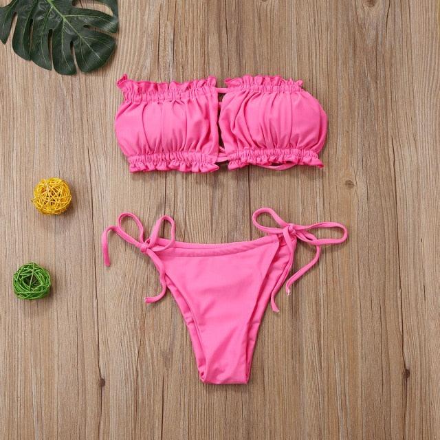 Folds Bikini Women Swimwear Bathing Suit Women's Ruffle Tie Side Bikini Set High Cut Strapless Padded Solid Bathing Suit Bikini Micro Swimsuit Female Push up Two-Piece Suit Summer