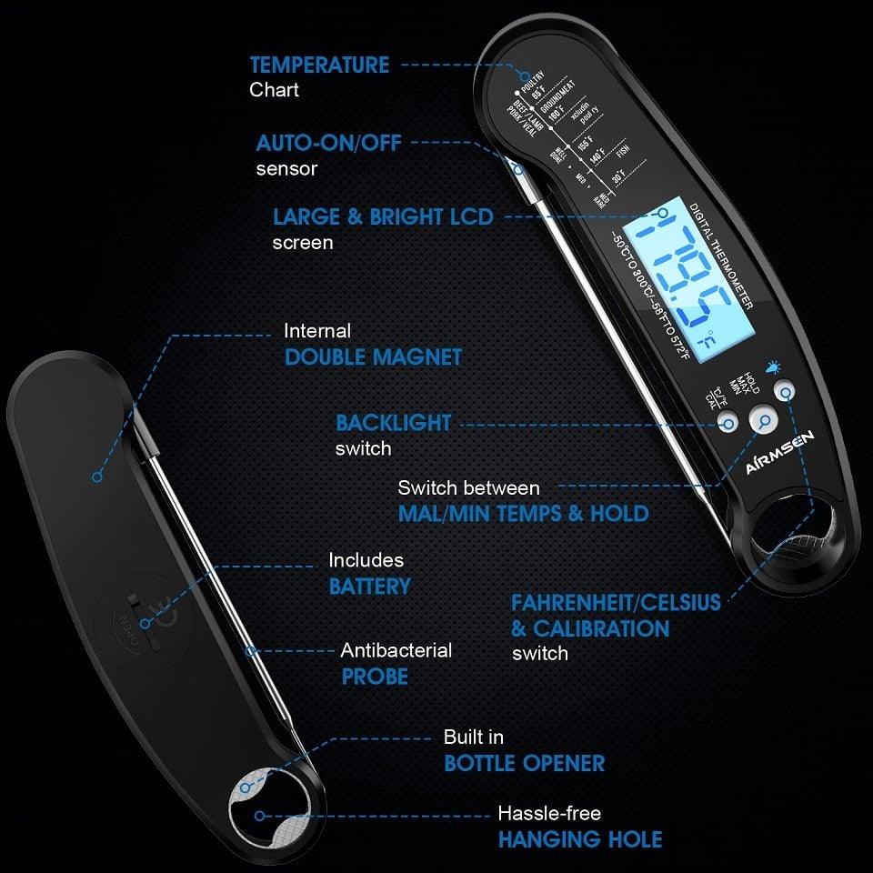 Food Kitchen Thermometer For Barbecue Grill Thermometer Waterproof Instant Read Meat Thermometer Waterproof Ultra Fast Digital Cooking Thermometer With Backlight & Calibration Food Thermometer For Kitchen BBQ Grill Smoker Oil Fry Kitchen Cooking Tools